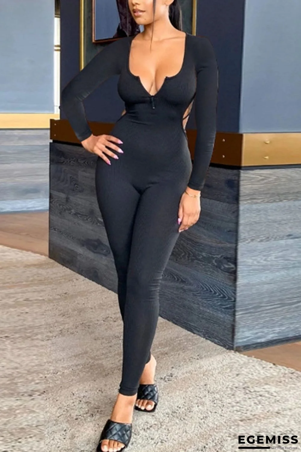 Black Fashion Sexy Adult Solid Backless U Neck Skinny Jumpsuits | EGEMISS