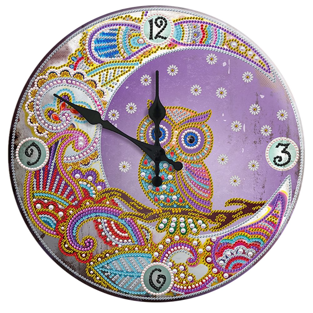 DIY Owl Special Shaped Rhinestones Round Metal Tin Diamond Painting Clock