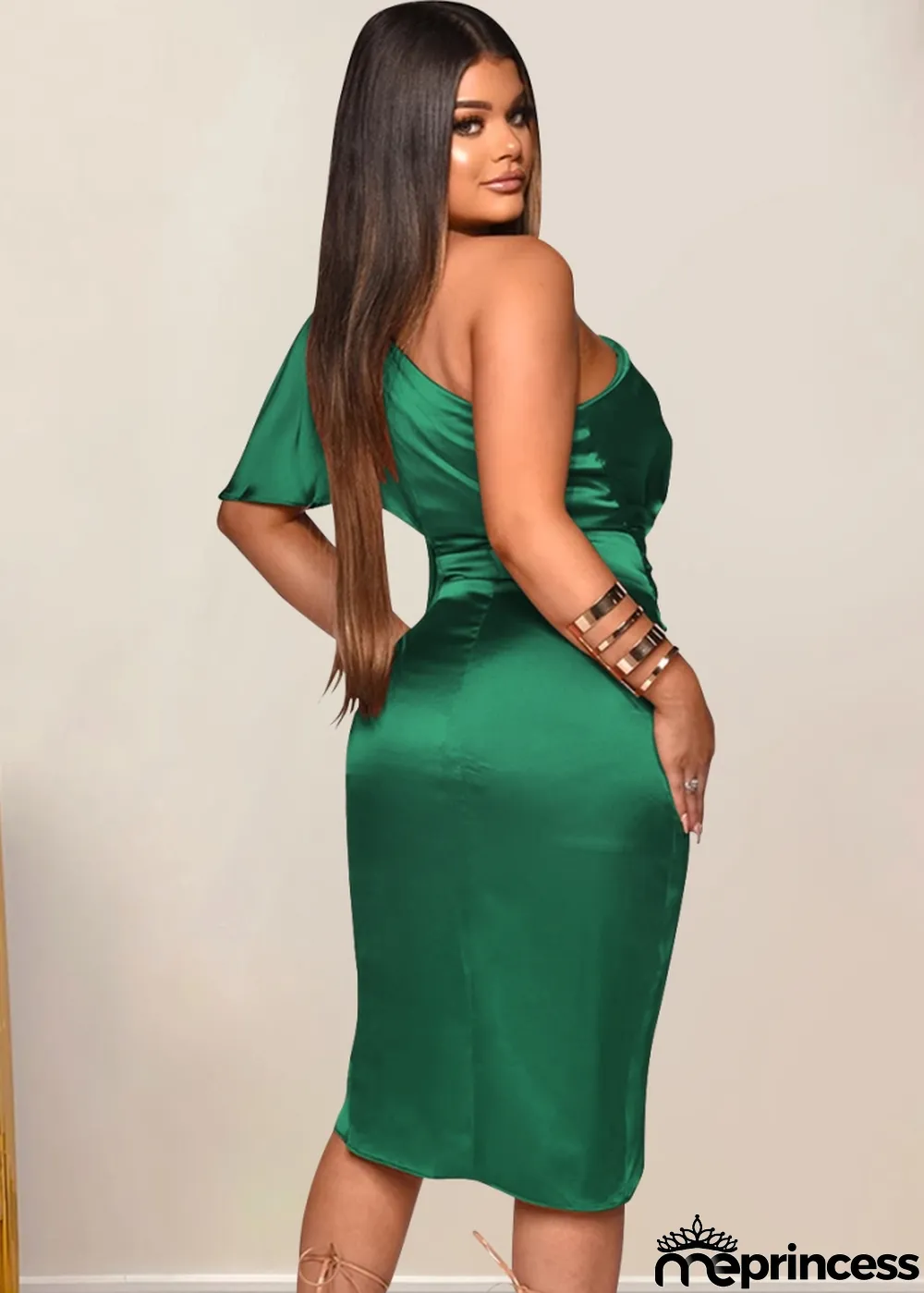 Autumn?Formal?Green?Satin?One?Shoulder?Irregular?Party?Dress