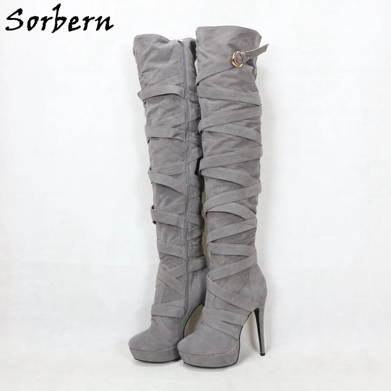 VCSHOES Light Grey Mid Thigh High Boots Women 16Cm High Heel Stilettos Platform Custom Pleats Legs Shaft Length Wide Fit