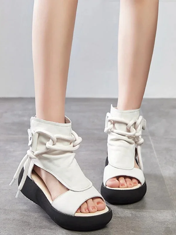 Casual Solid Color Hollow Out Fish Mouth Zip-up Platform Shoes