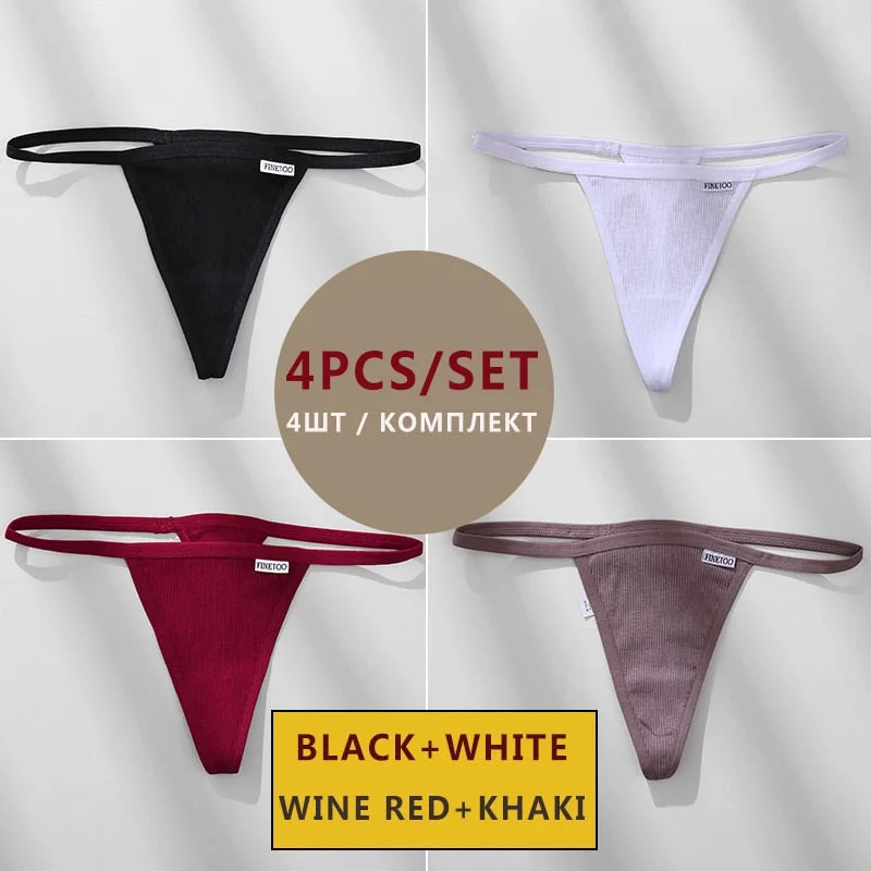 FINETOO 4PCS/Set Cotton Women Panties Woman Thong G-string Underwear Pantys Sexy Low Waist Underpant For Ladies Lingerie Female