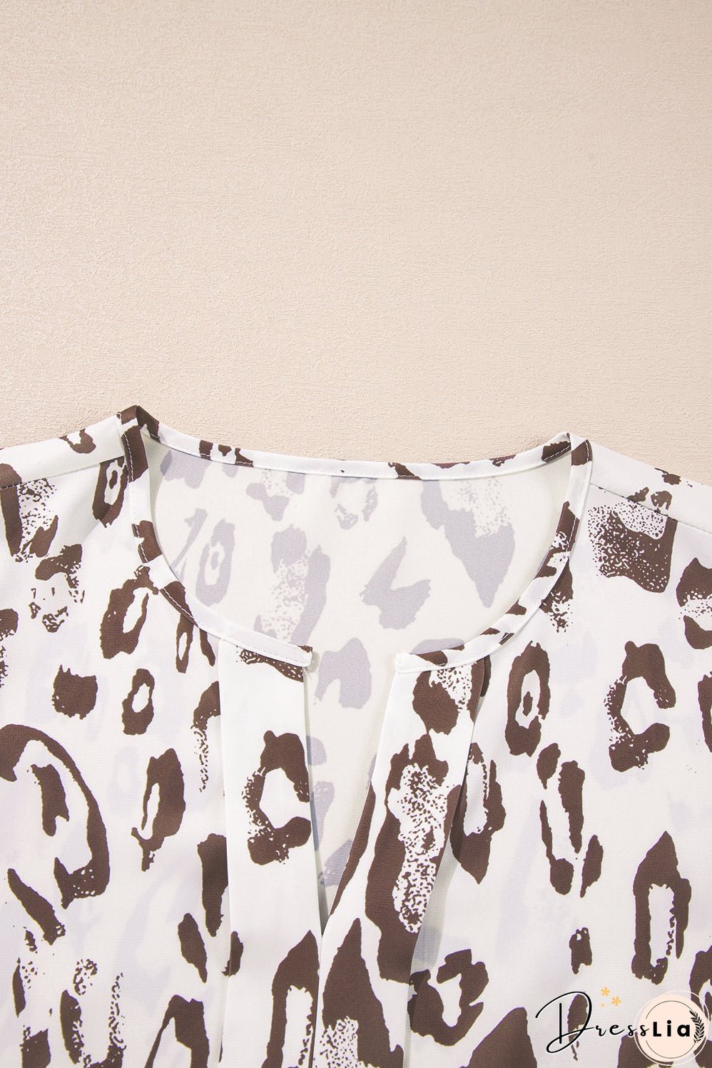 Khaki Leopard Print Split Neck Balloon Sleeve Blouse