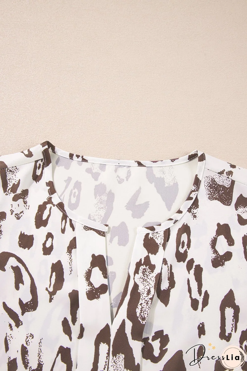 Khaki Leopard Print Split Neck Balloon Sleeve Blouse