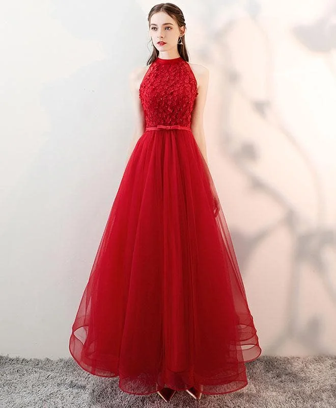 Red V Neck Tulle Long Prom Dress, Red Evening Dress