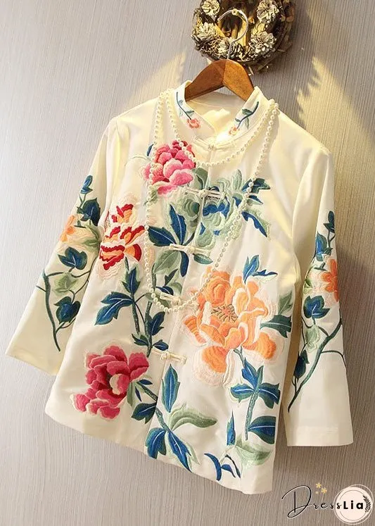White Stand Collar Button Coats Long Sleeve