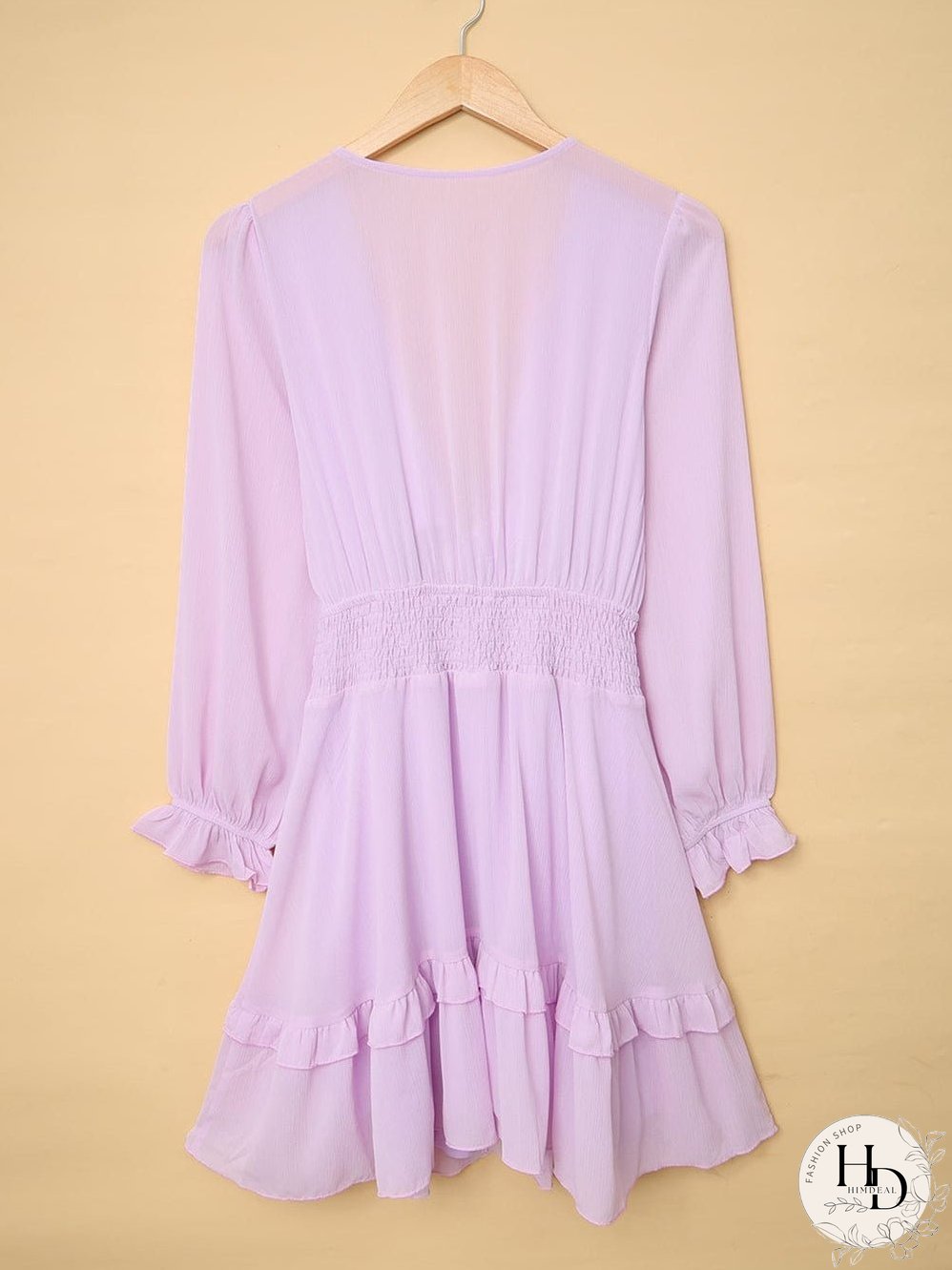 Lantern Sleeve Knotted Tiered Mini Dress with Deep V Neck