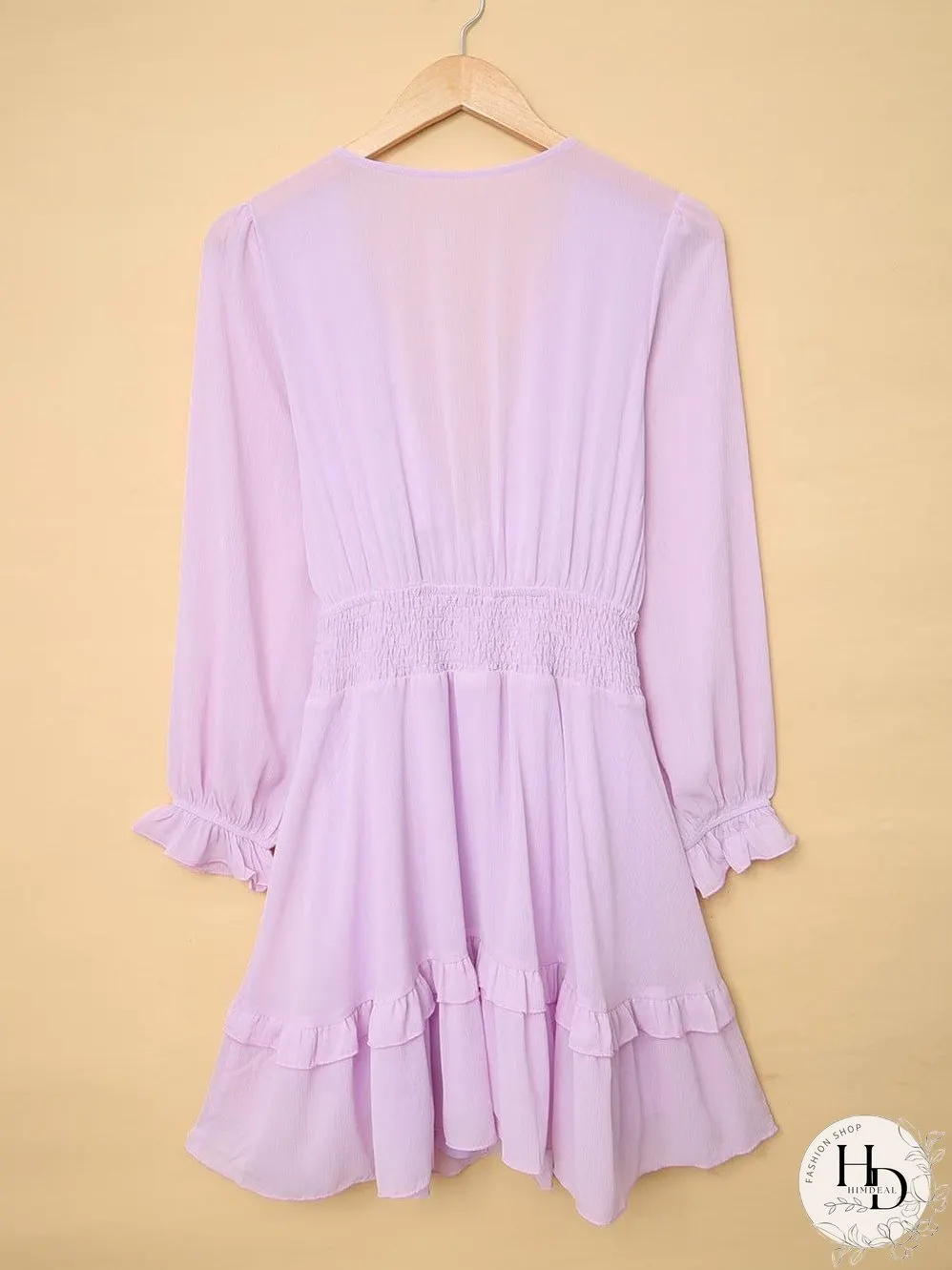 Lantern Sleeve Knotted Tiered Mini Dress with Deep V Neck