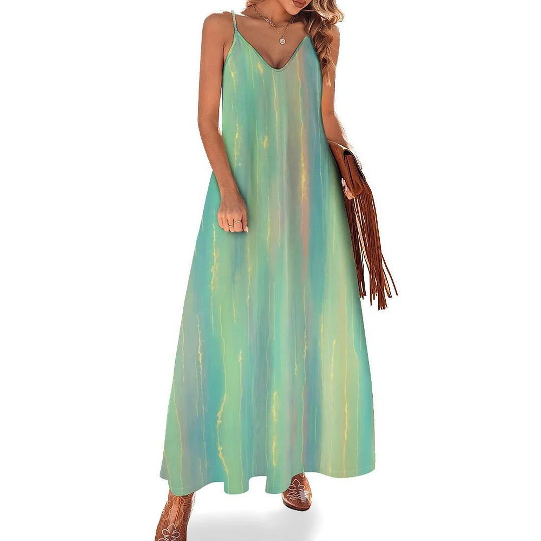 Style & Comfort for Mature Women Plus Size Printed Sling Casual Women Maxi Dress in Pattern Green, Blue, Glitter