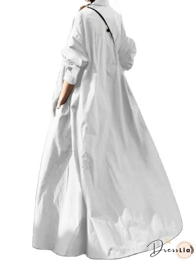 Cotton Linen Dress Casual Dress Swing Dress Maxi long Dress Cotton And Linen Basic Casual Daily Outdoor Winter Dress Daily Shirt Collar Pocket Long Sleeve Summer Spring Fall Loose Fit for Women