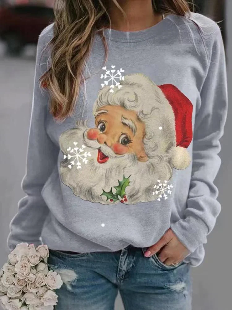 Women's Santa Claus Letter Printed Long Sleeve Round Neck Sweatershirt
