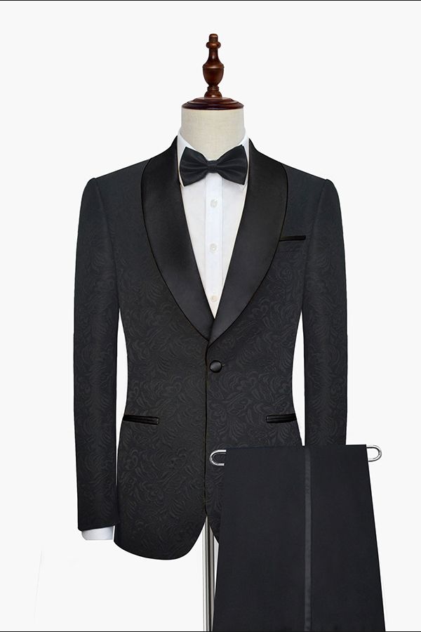 Bellasprom Black Jacquard Wedding Tuxedo for Men Shawl Lapel Silk One Button Wedding Suits Bellasprom