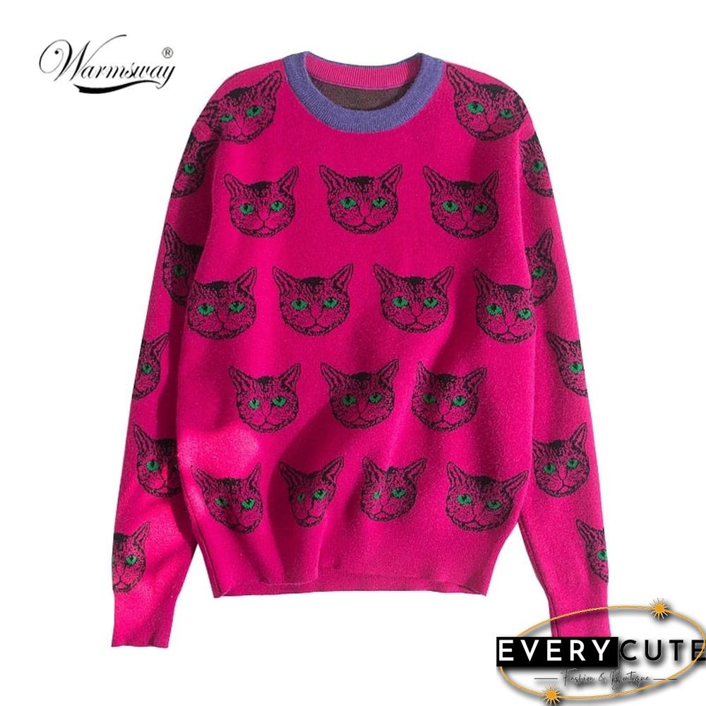 High Quality Runway Designer Cat Print Knitted Sweaters Pullovers Women Autumn Winter Long