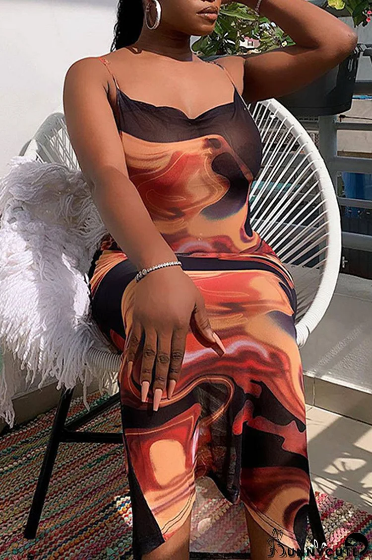 Colour Sexy Print Split Joint Spaghetti Strap One Step Skirt Dresses