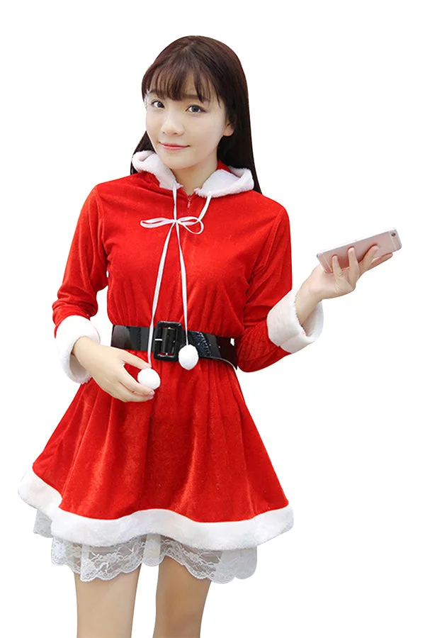 Cute Girl Hooded Long Sleeve Lace Dress Christmas Santa Costume Red-elleschic