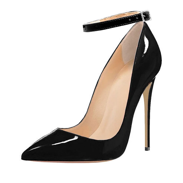Black Patent Leather Stiletto Heel Ankle Strap Pumps for Women |FSJ Shoes
