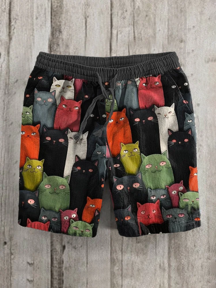 Funny Cats Print Linen Blend Vintage Shorts