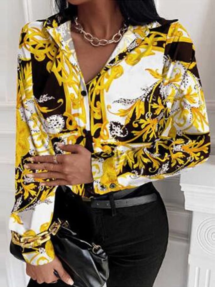 Printed Lapel Ladies Blouse SKUI48300 QueenFunky