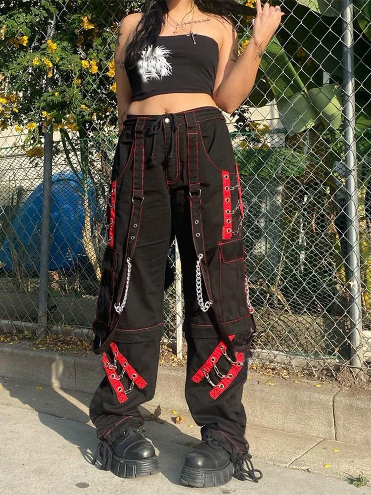 Zingj SUCHCUTE Gothic Bandage Chain Women Pants Hip Hop Fairycore Vintage Trousers Punk Style Egirl Casual Streetwear Baggy Cloths 90s