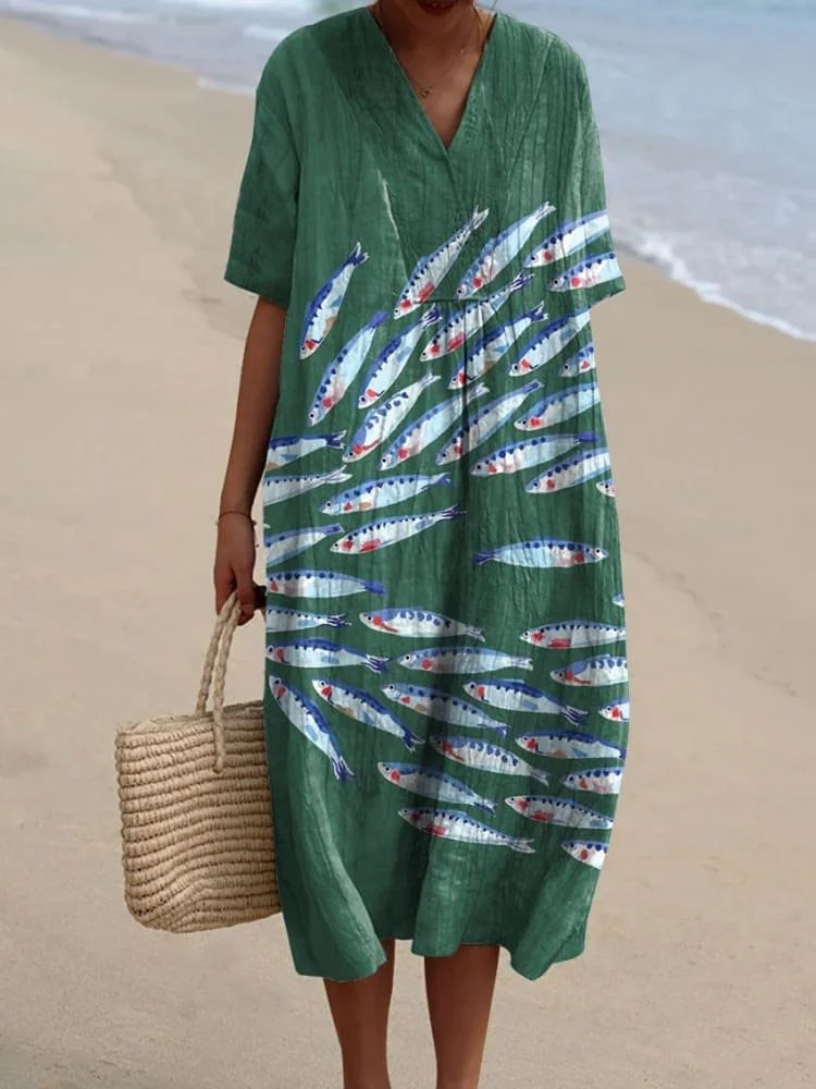 Women's Vintage Lovely Sardines Art Print Flowy Dress