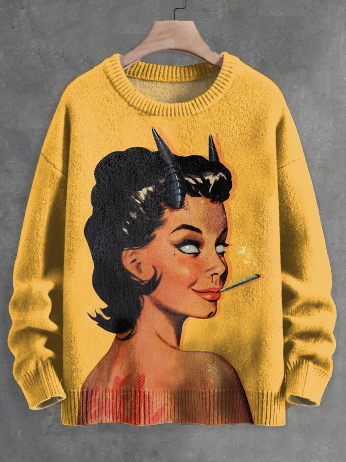 Men's Rolling Eyes Girl Devil Smoking Art Print Knit Sweatshirt