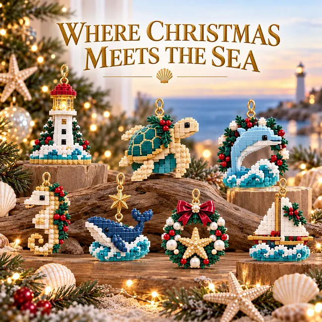 Close views of the lighthouse, sea turtle, dolphin, seahorse, whale, starfish wreath and sailboat ornaments