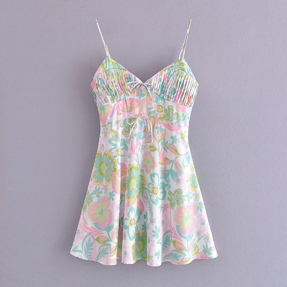 2021 Vintage Ruched V neck Colored Floral Print Women Sling Dress Back zipper Mini Dress Sexy Beach Holiday Robe