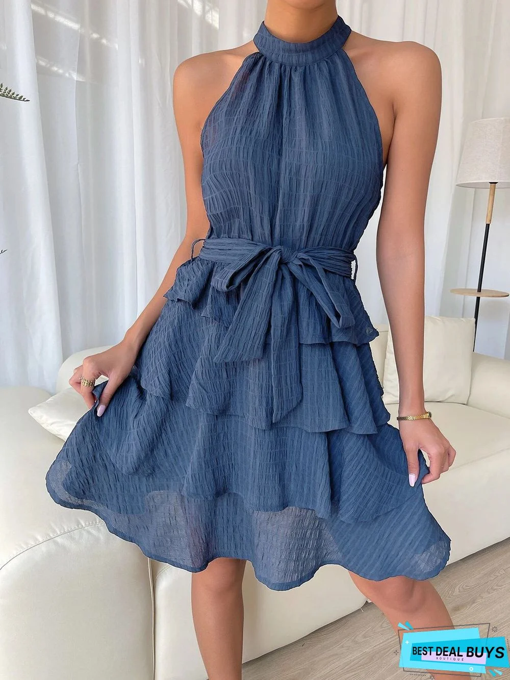 Sleeveless Neck Tie Waist Flounces Dress Skirt