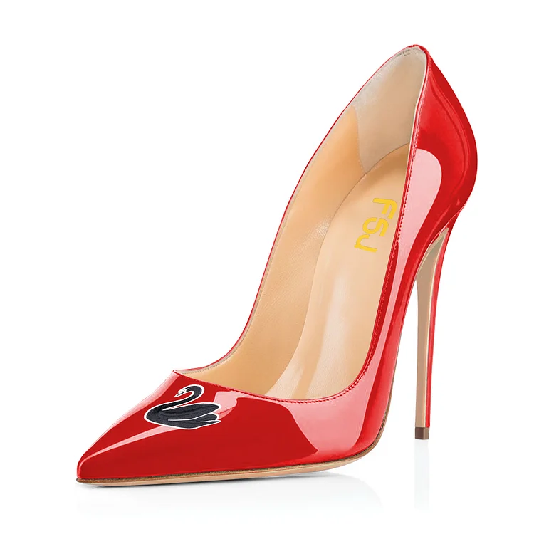 Women's Red Swan Floral Office Heels Pointy Toe Stiletto Heels Pumps |FSJ Shoes