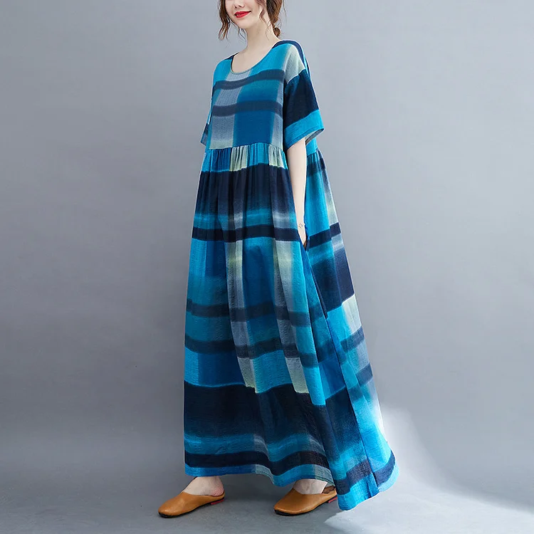 Art Print Plaid Short Sleeve Maxi Dress