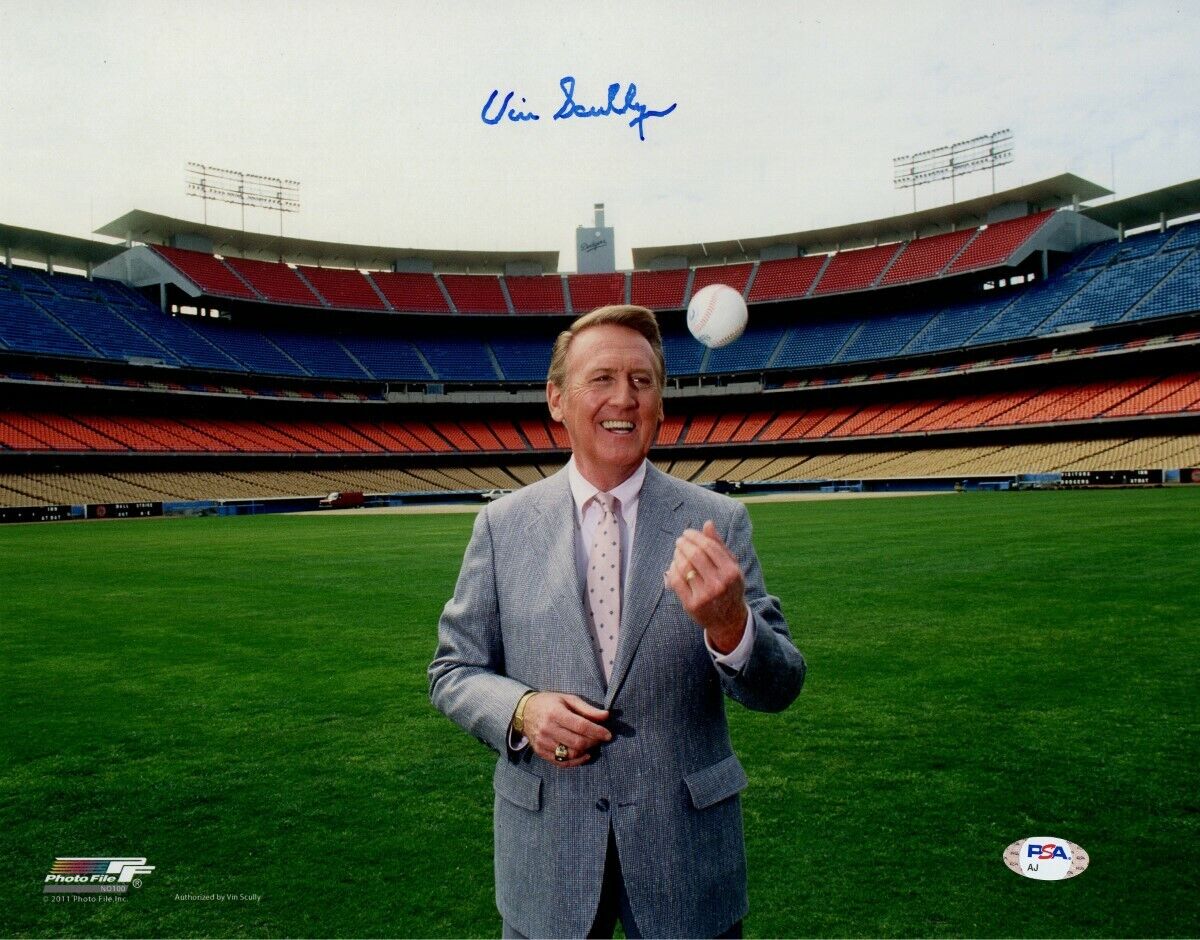 Vin Scully Signed Autographed 11X14 Photo Poster painting Dodger Stadium Ball Toss PSA COA