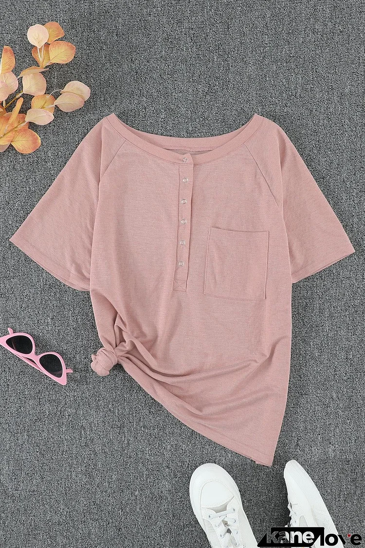 Pink Short Sleeve Snaps Pocketed Casual Tee