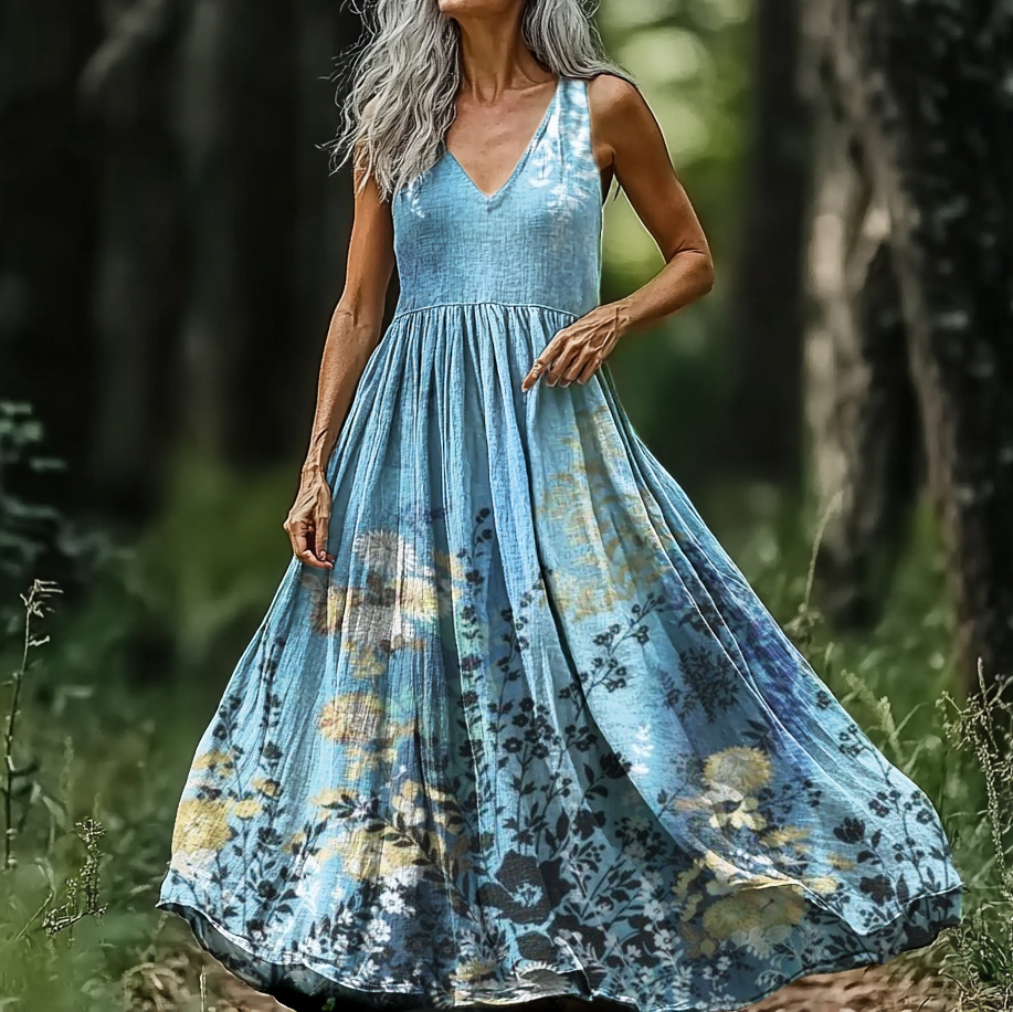 Comstylish Women's Ethnic Floral Art Print V-neck Sleeveless Cotton Dress