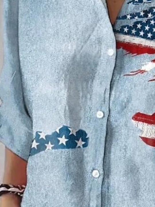 Women 3/4 Sleeve Shirt Collar National Flag Striped Printed Graphic Button Tops