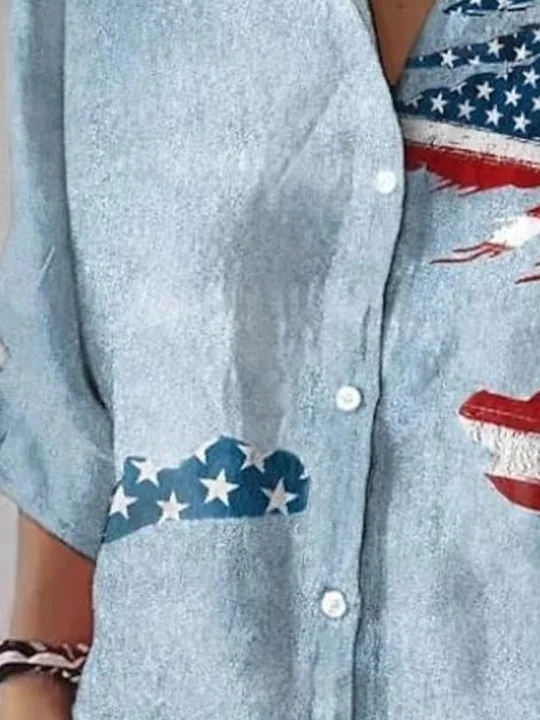 Women 3/4 Sleeve Shirt Collar National Flag Striped Printed Graphic Button Tops