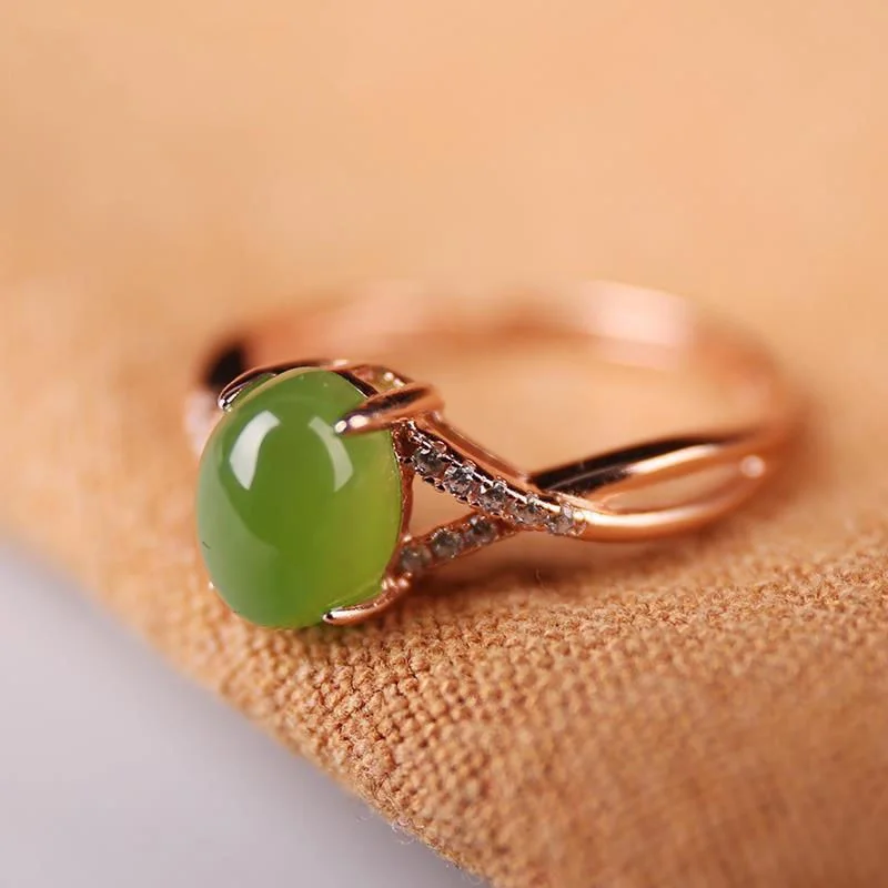 Natural Hetian Jade S925 Silver Rose Gold Ring - Elegant Green Jadeite Egg-face Adjustable Open Ring for Women - Unique Ethnic Style Gift