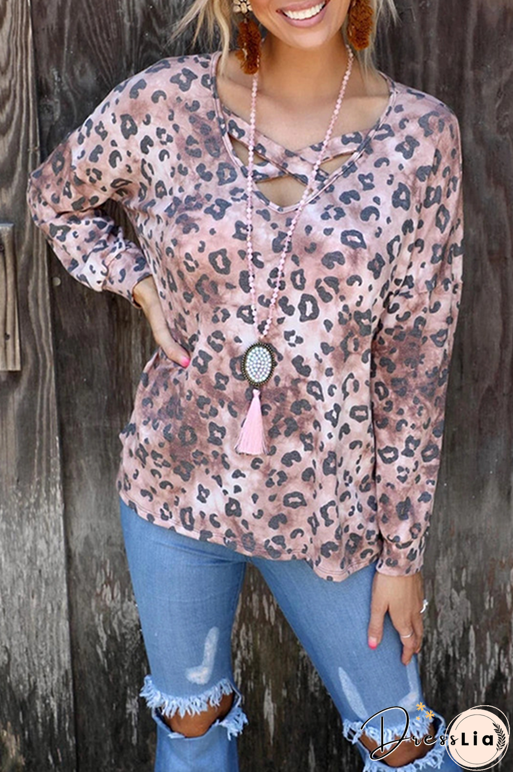 Casual Leopard Hollowed Out Split Joint V Neck Tops(3 colors)