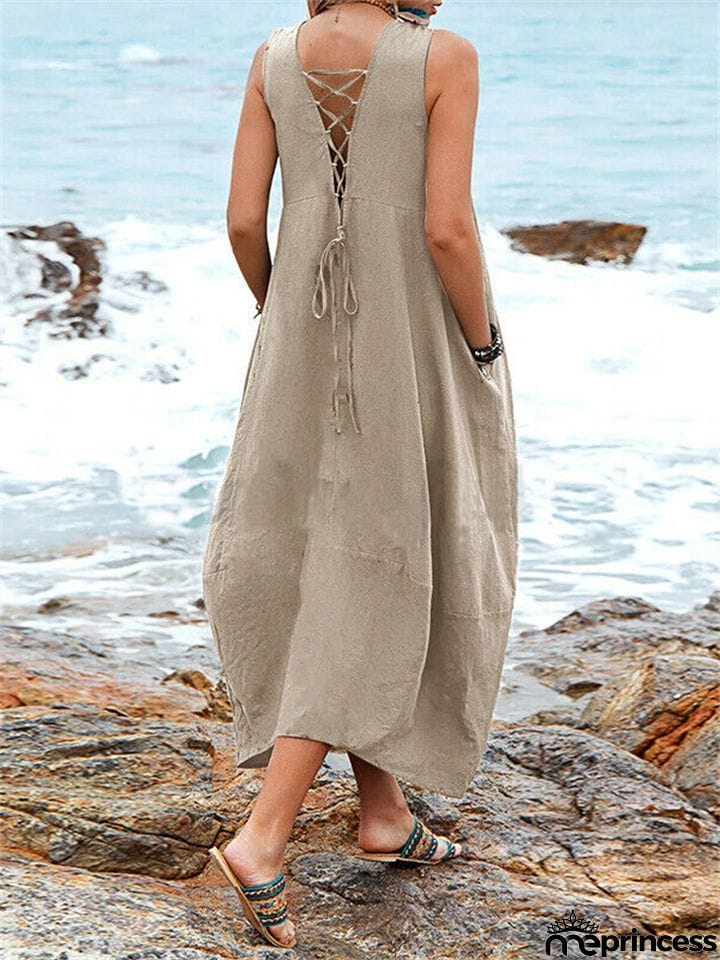 Women's Deep V Neck Pocket Backless Lace Up Loose Beach Dress
