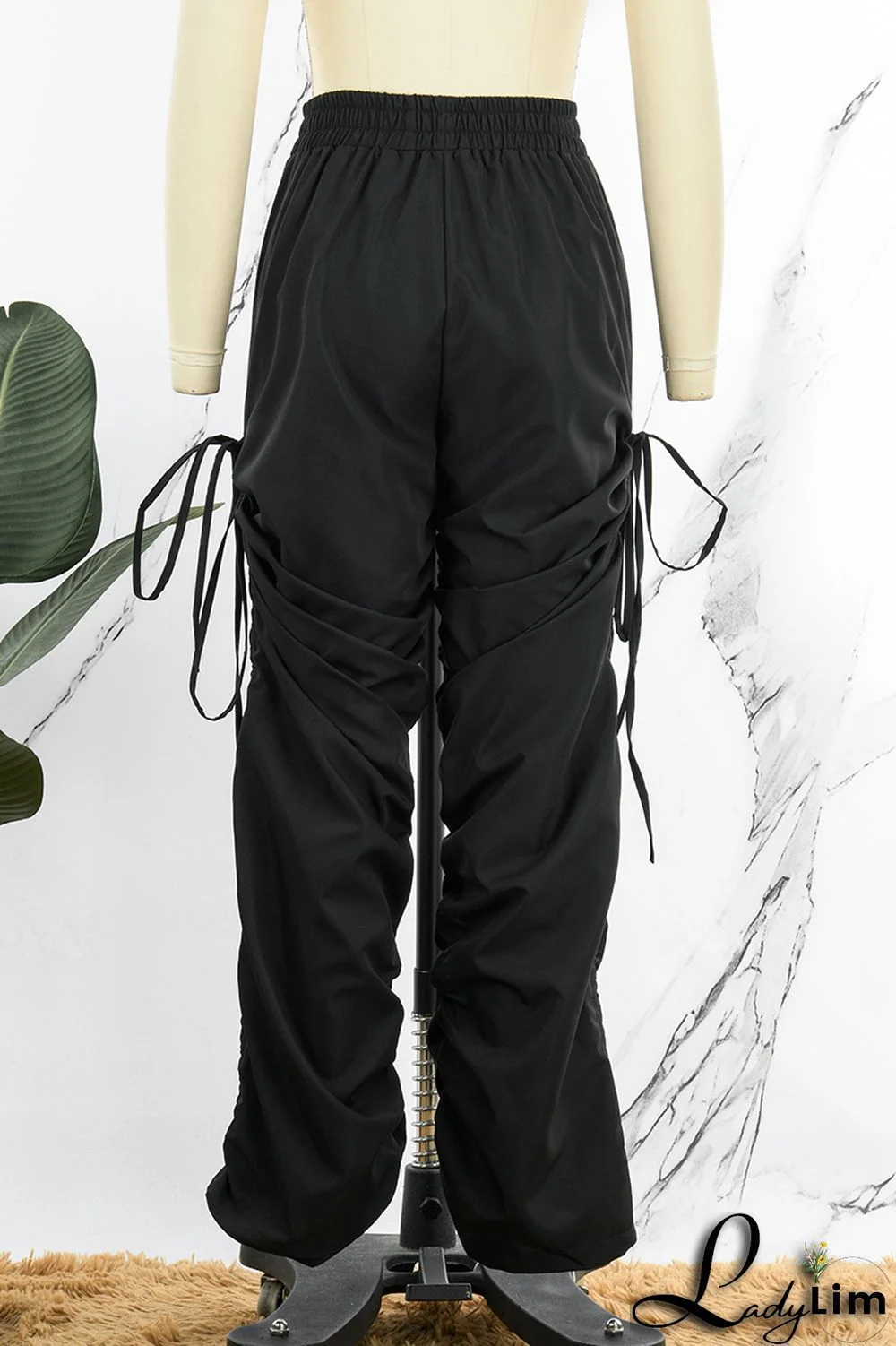 Green Casual Solid Patchwork Draw String Fold High Waist Pencil Solid Color Bottoms