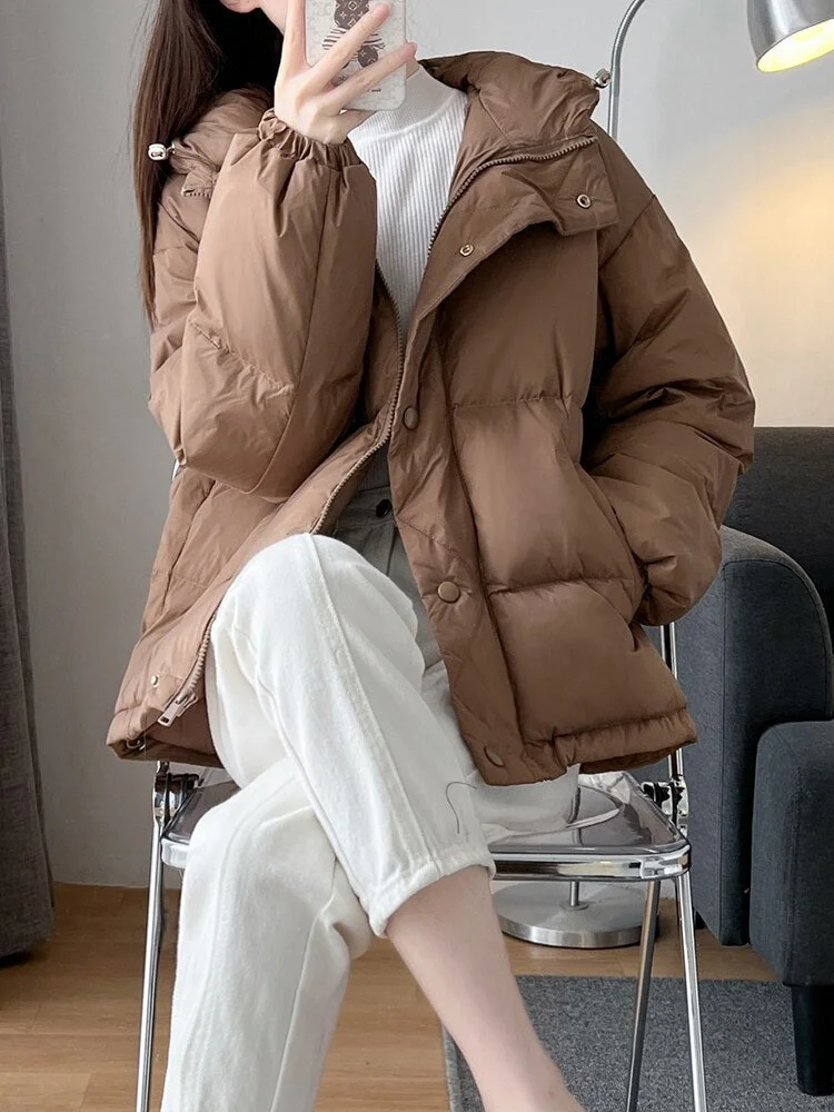 Nncharge Winter Women Causal Loose Hooded Pocket Parkas Jacket 90% White Duck Down Coat Female Thick Warm Outwear