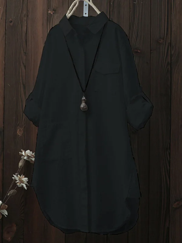 Women Fold-Over Collar Single Breasted Plain Long Sleeve Blouses