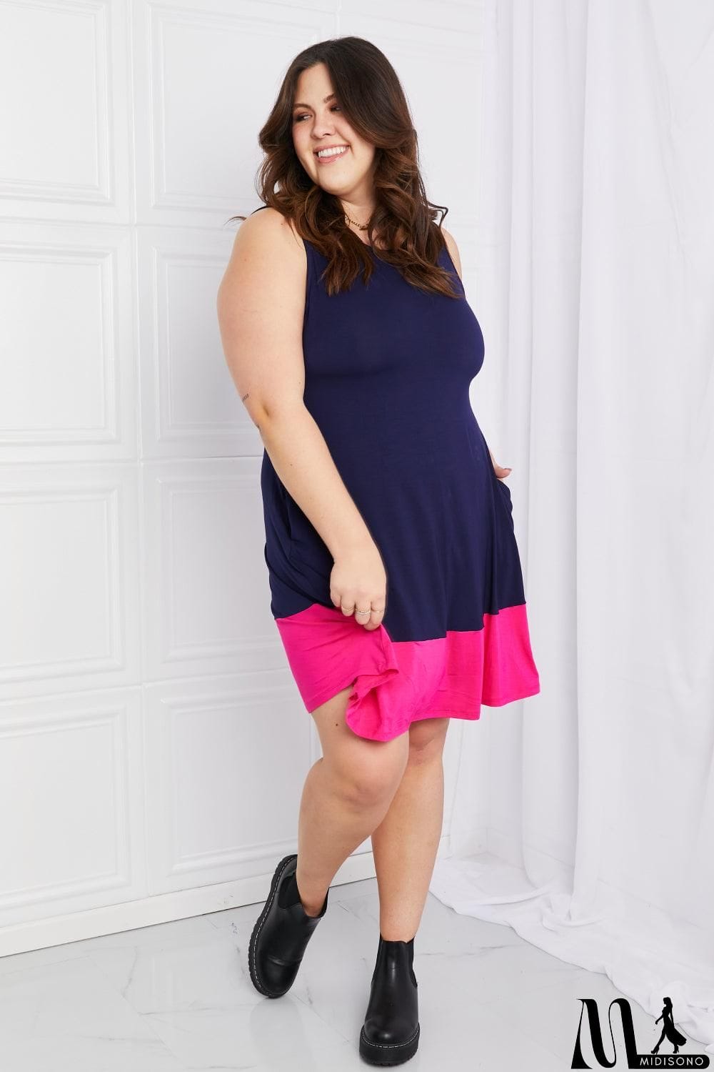 MidiSono - Yelete Full Size Two-Tone Sleeveless Mini Dress with Pockets