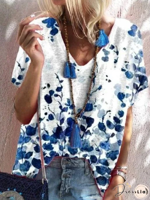 Loose Print Short-sleeved V-neck T-shirt