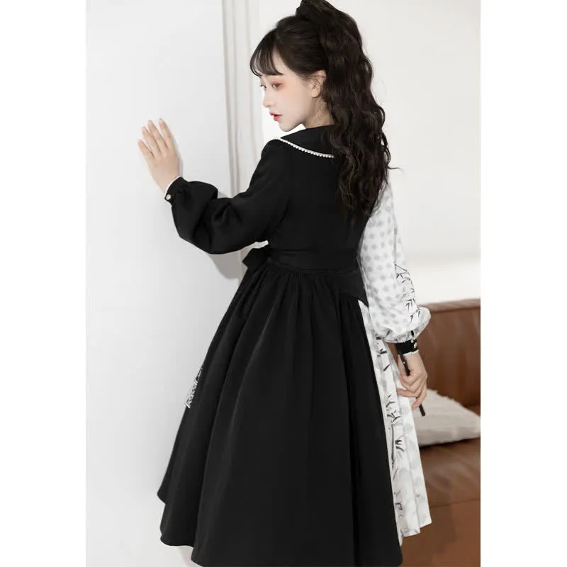 Vintage Bamboo Print Lapel Colorblock Dress
