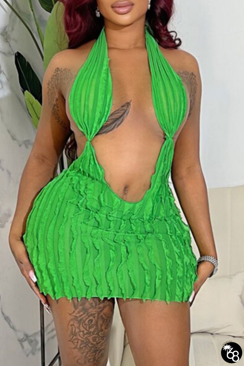 Green Sexy Solid Backless Halter Sleeveless Dress Dresses | 168DEAL