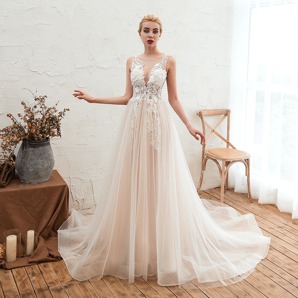 Bellasprom Amazing Tulle Open Back Wedding Dress With Lace Appliques Scoop Bellasprom