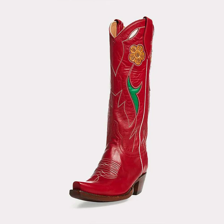 Red Chunky Heel Floral Inlays Mid Calf Western Boots for Women |FSJ Shoes
