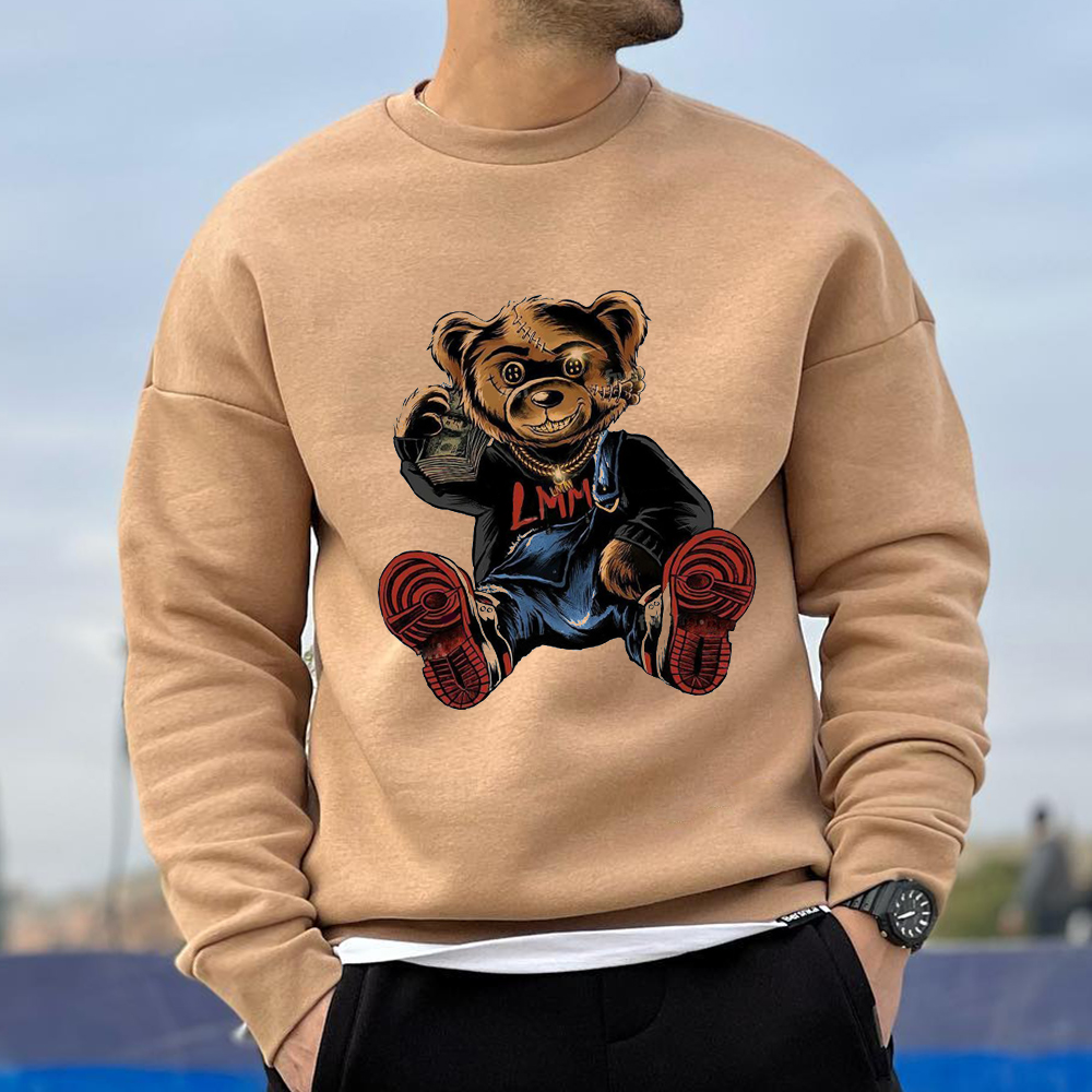 Bear Print Men's Fashion Khaki Crew Neck Sweatshirt / [blueesa] /