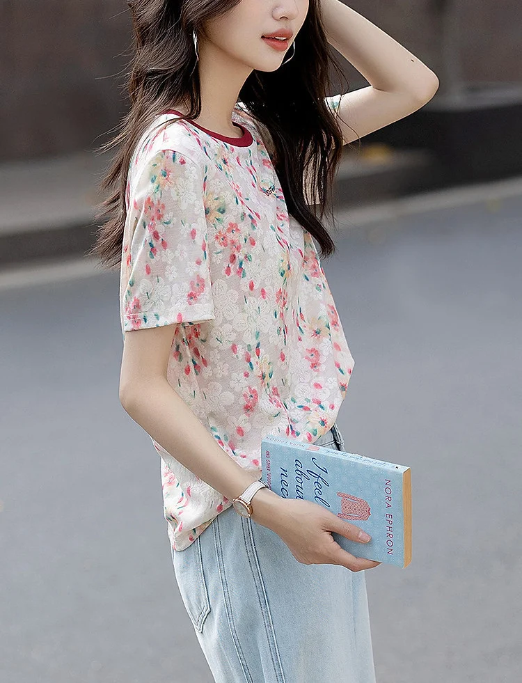 Athvotar Athvotar Summer Design Feeling Slammed Collar Bottom Shirt Loose Breathable Letter Embroidered Short-Sleeved Women's T-Shirt