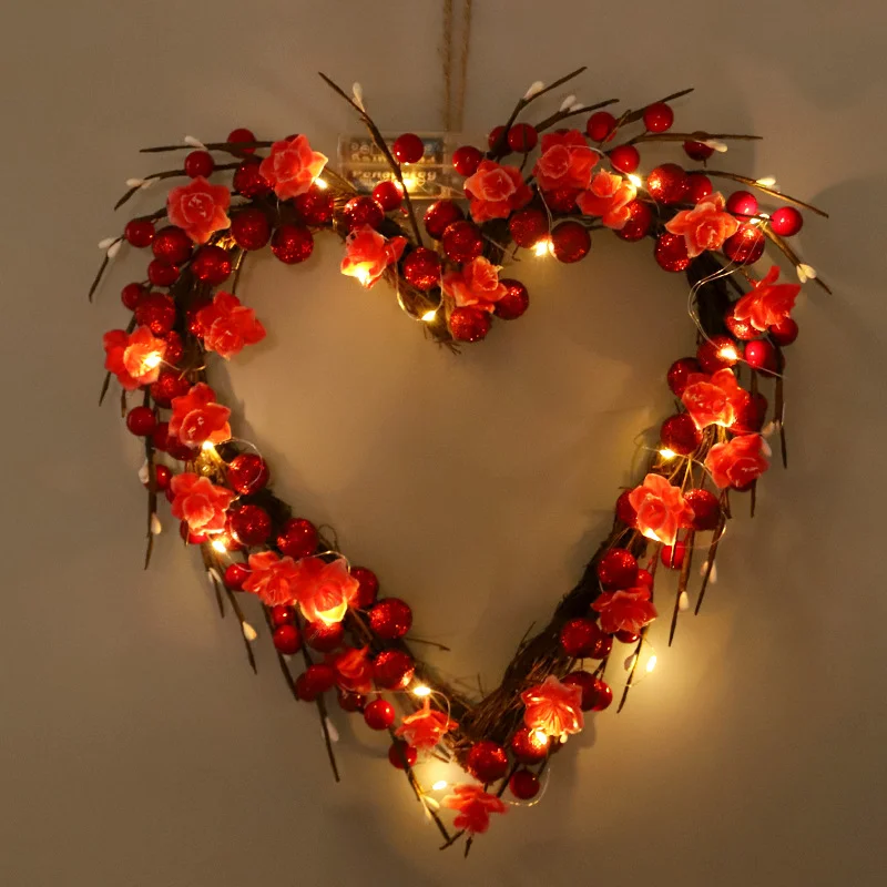 Valentine's Day Wreath Front Door Decorations Red Berries Heart Shaped Wreaths with lights for Valentines Day Decor Indoor Home Outdoor Party